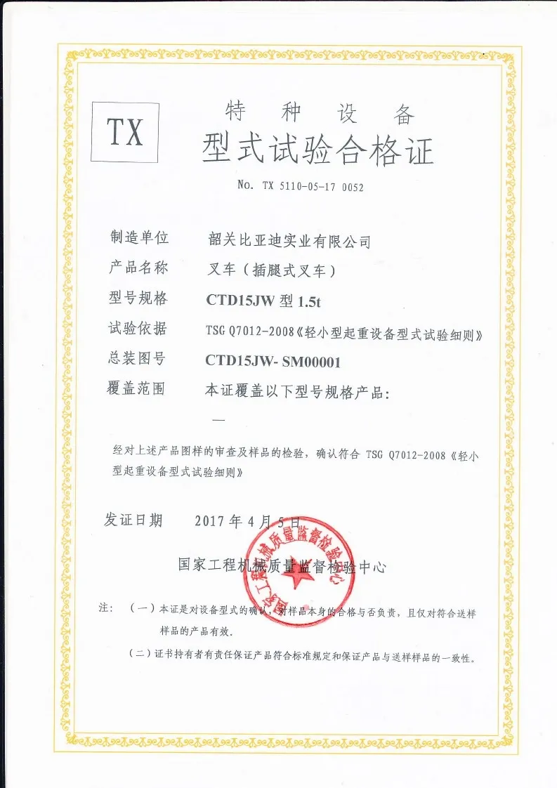 CTD15JW型式试验合格证